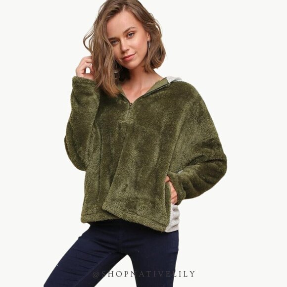 NWT Umgee Fuzzy Knit Half-Zip Hooded Pullover Sweater Sz Medium, Olive/Gray - Picture 1 of 7